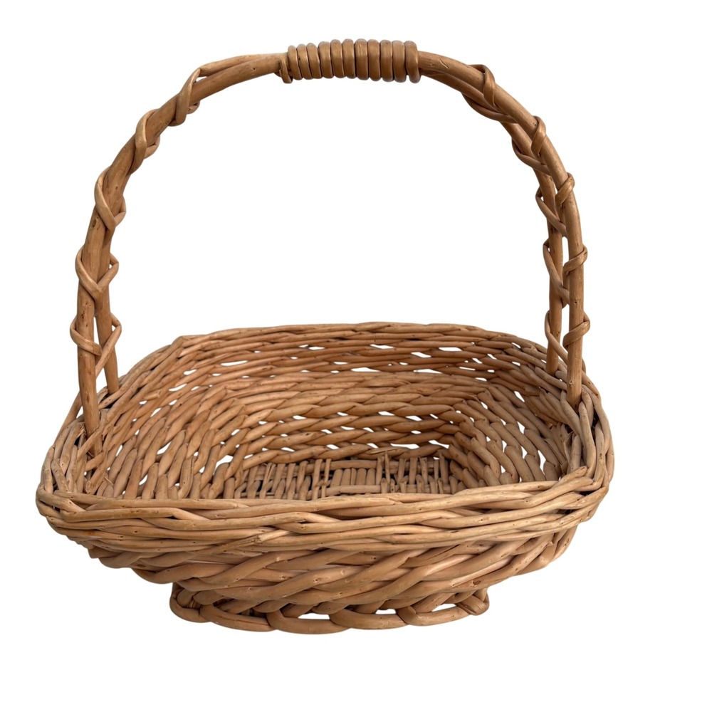 VTG LARGE Woven Wicker Basket with Braided Handle Square Base Natural Brown Gift